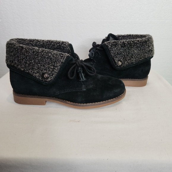 Hush Puppies Womens Black Suede Fleece Lined Ankle Boots Tassel Size 7.5 - Picture 2 of 9